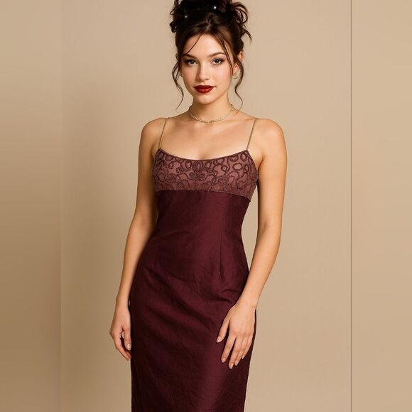 Laundry By Shelli Segal Dresses & Skirts - Vintage Laundry By Shelli Segal 1995 Embroidered‎ Leaf Formal Burgundy Dress 10
